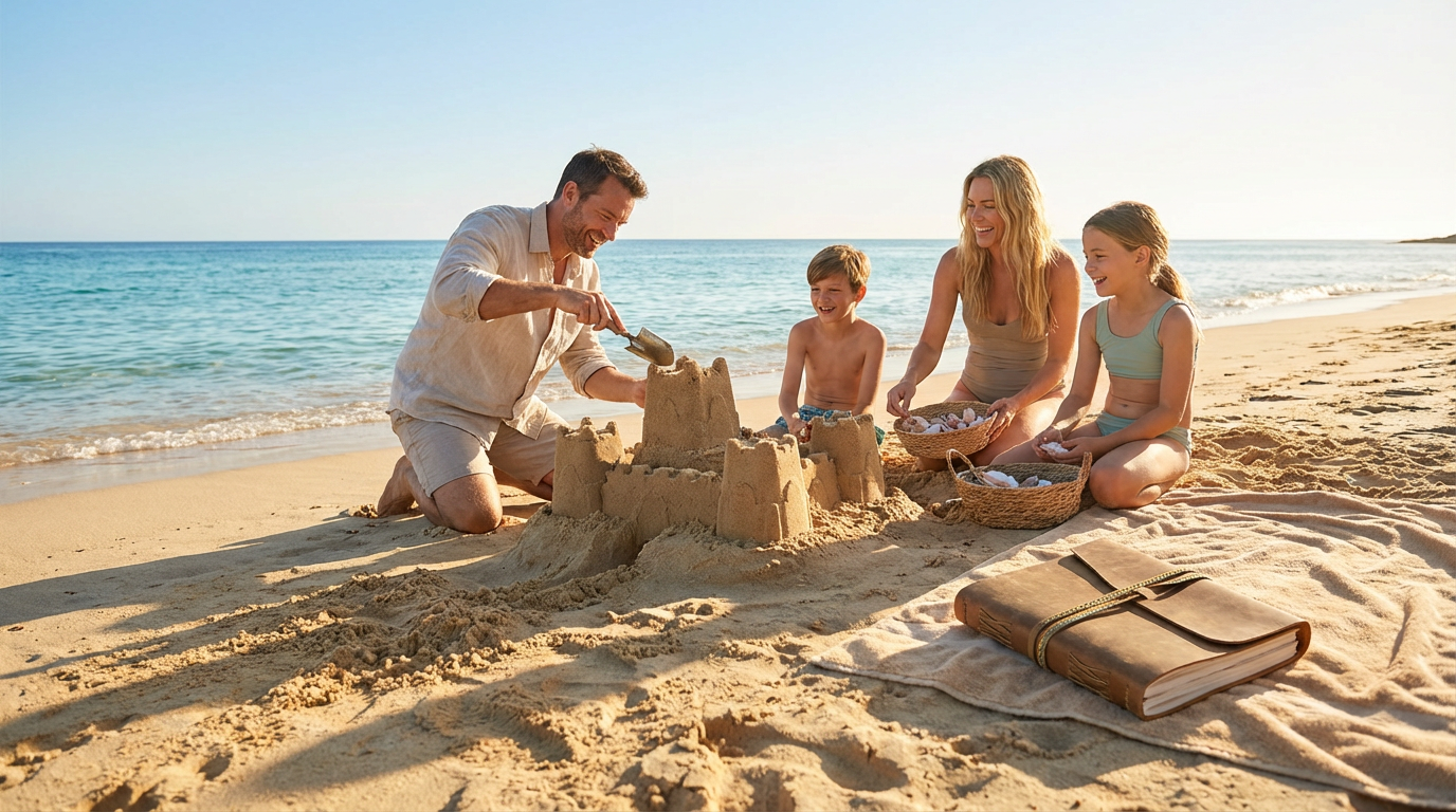 Family building a sandcastle on a sunny beach by the ocean, with towels in the sand.