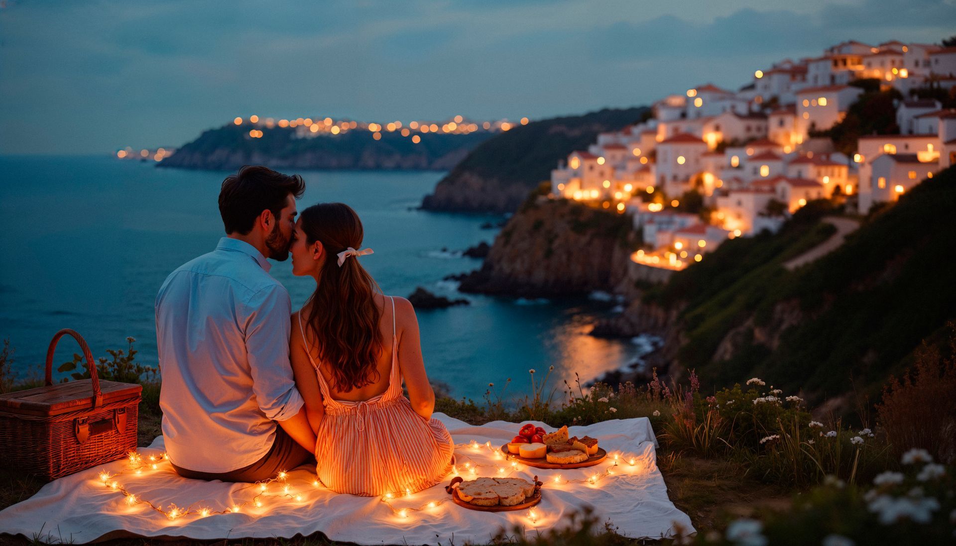 Couple seated by candlelight on a cliff overlooking a glowing seaside town at dusk