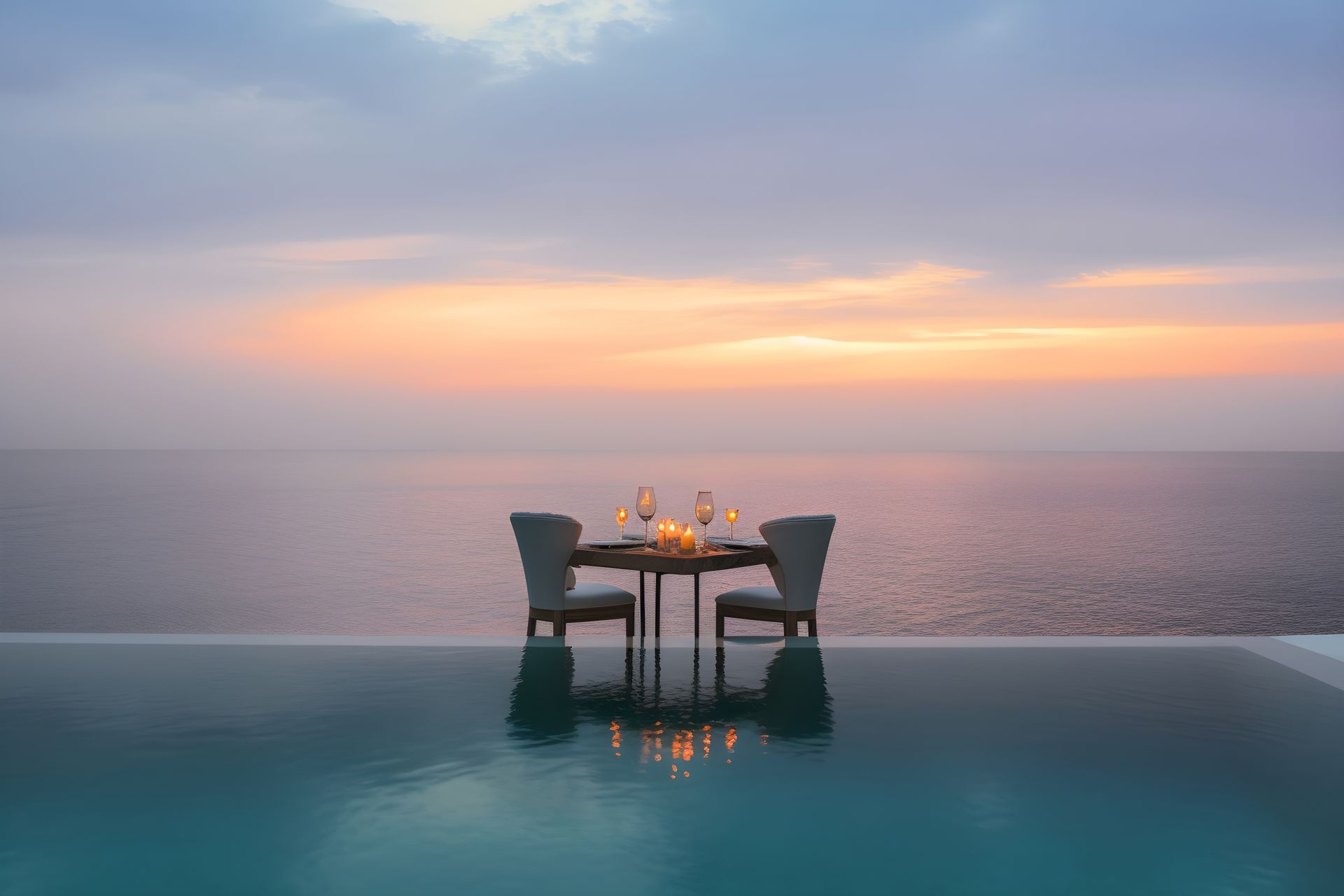 Romantic dinner setup by an infinity pool at sunset overlooking a calm sea