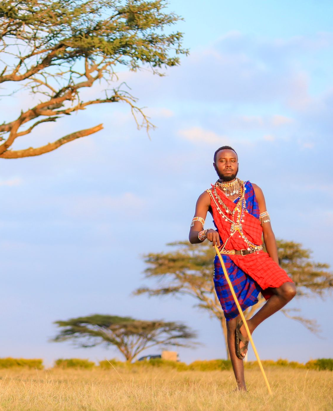 Person in bright red and blue clothing stands on one leg in a grassy savanna with acacia trees.