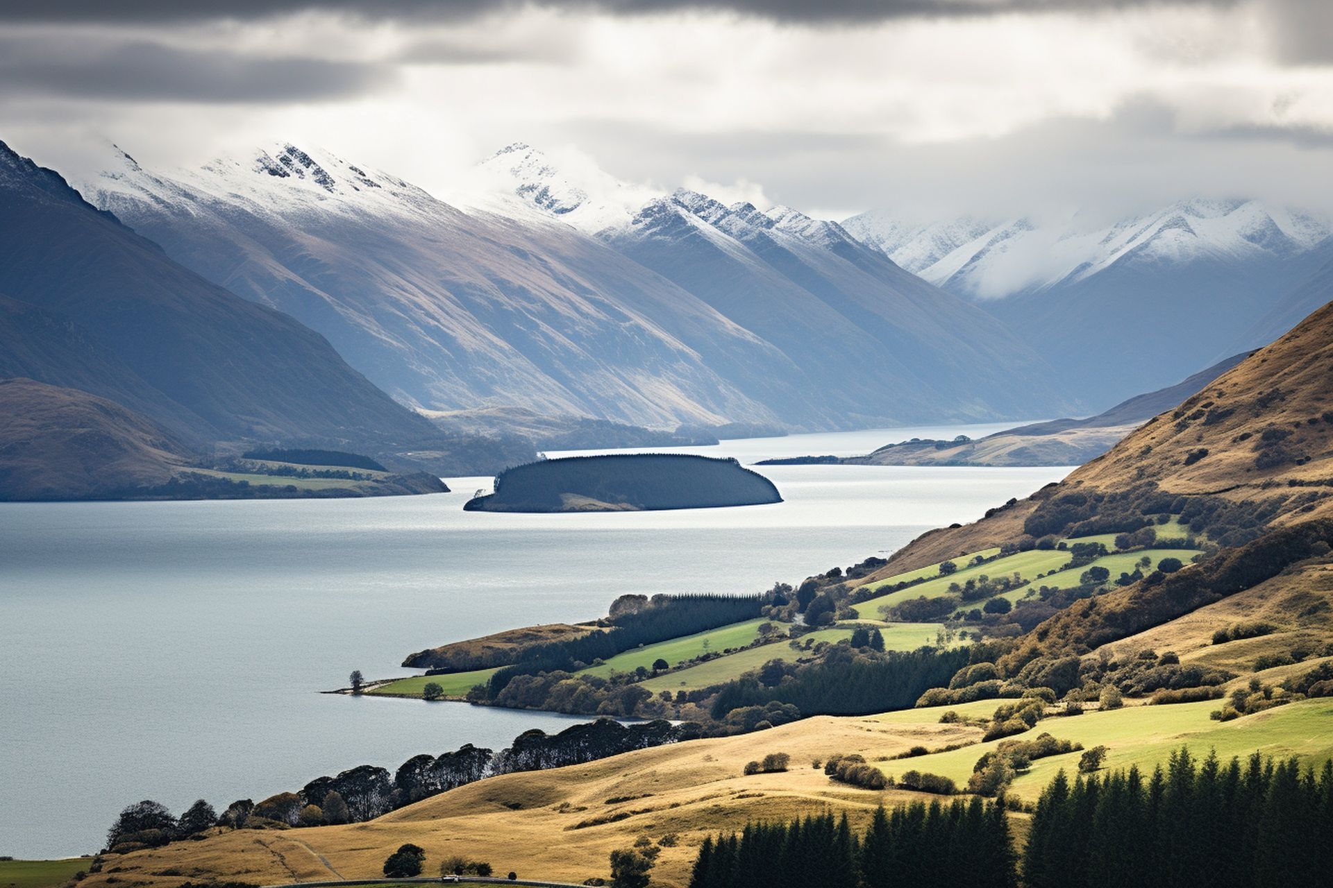 Snowy mountains overlook a lake and rolling green hills under cloudy skies.