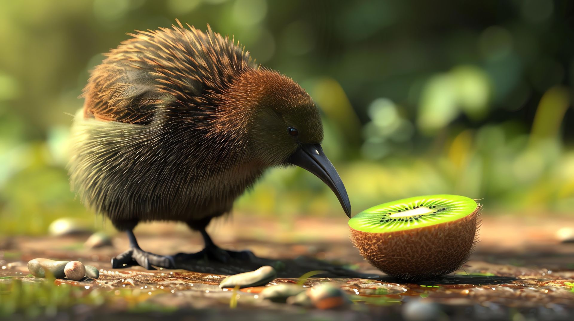 Small brown kiwi bird facing a sliced kiwi on a forest floor with green bokeh background