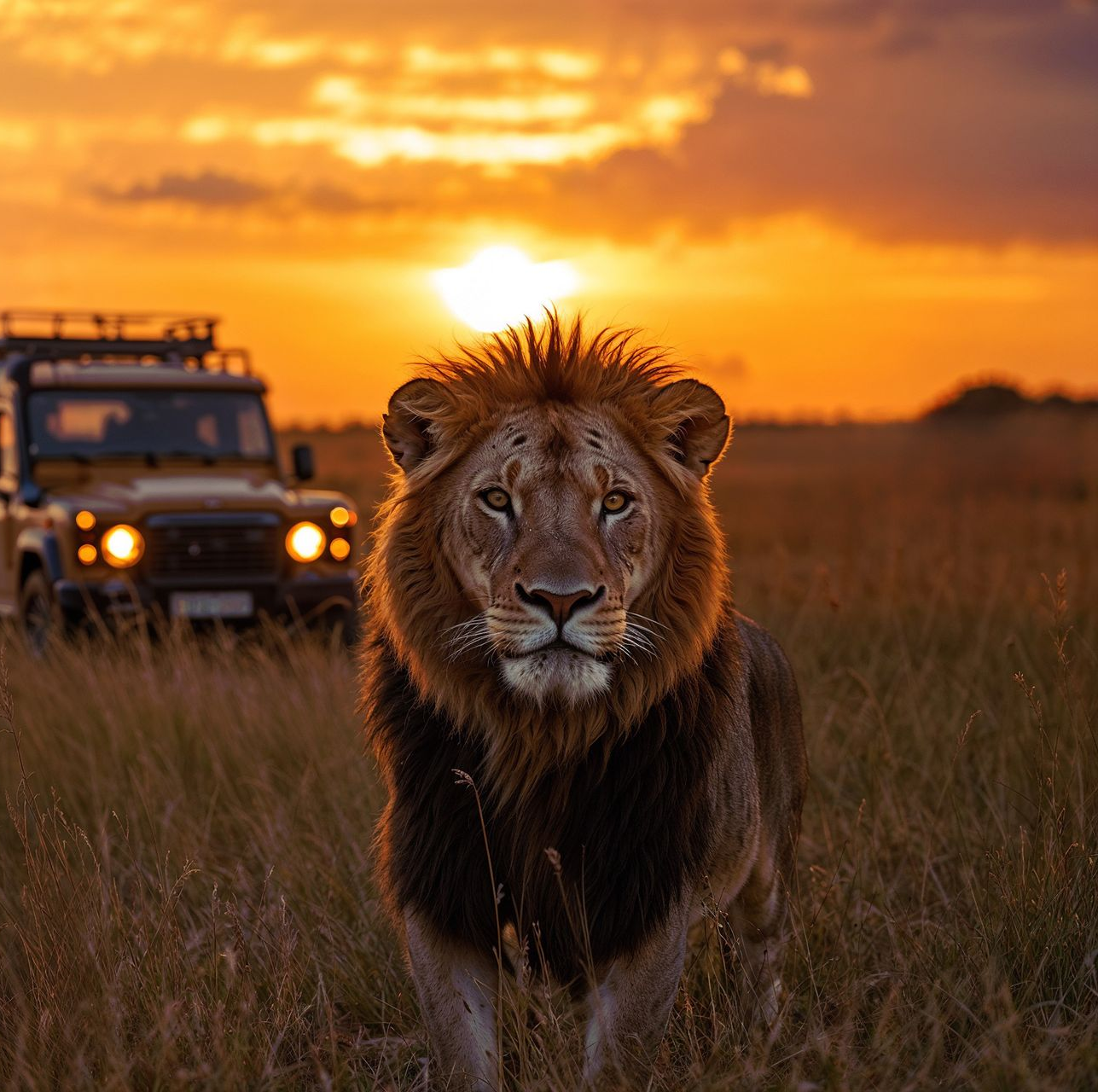 Lion standing in tall grass at sunset, with a safari vehicle behind it.