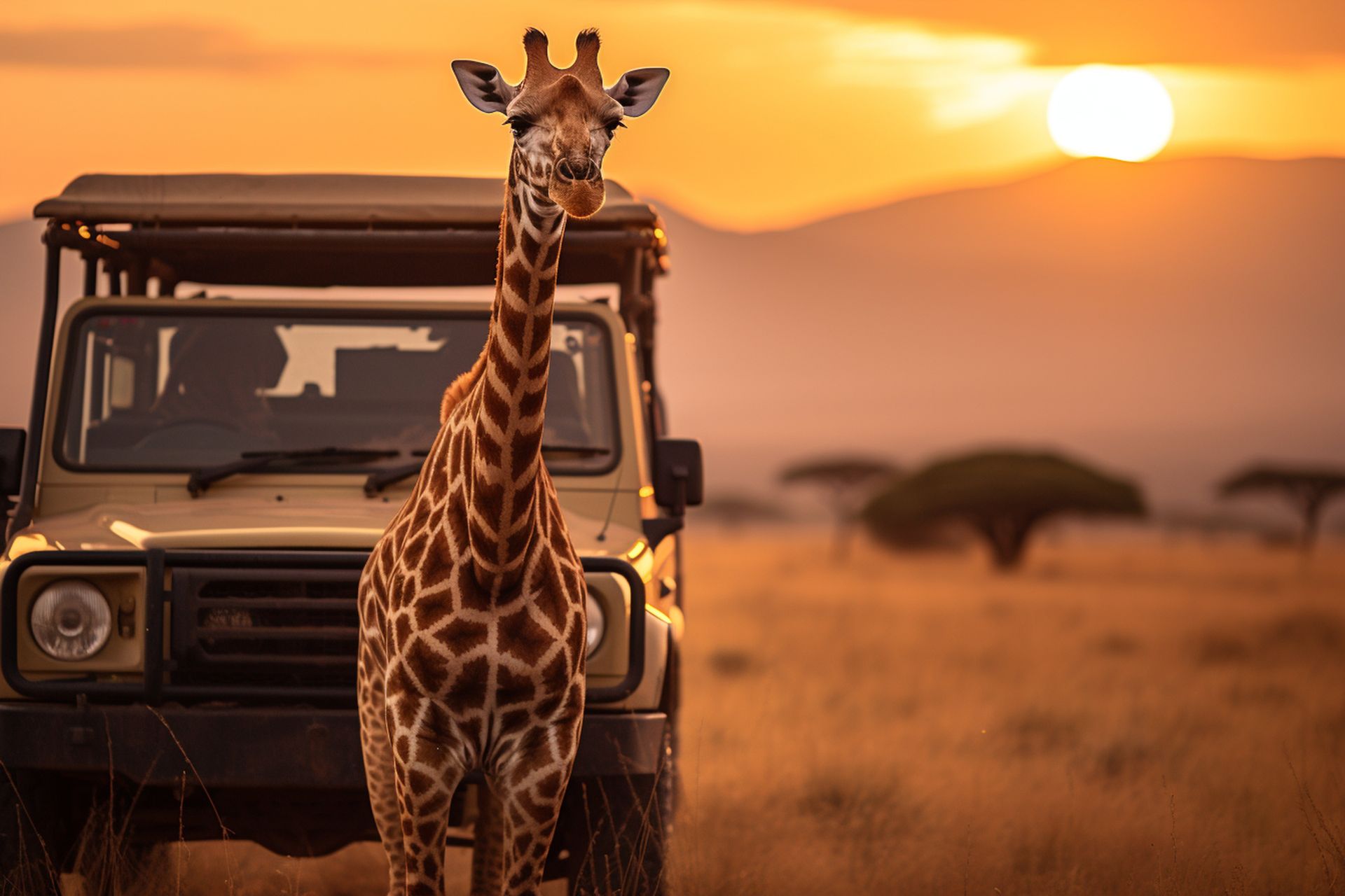 Giraffe standing in front of a safari jeep at sunset on an African savanna