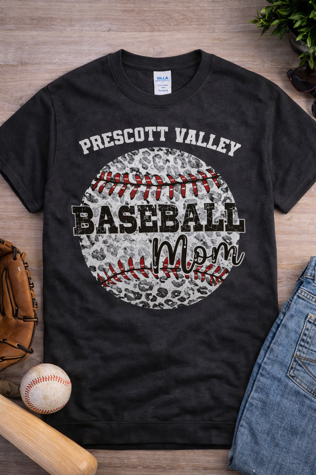 Baseball Mom Leopard Ball Charcoal T-Shirt