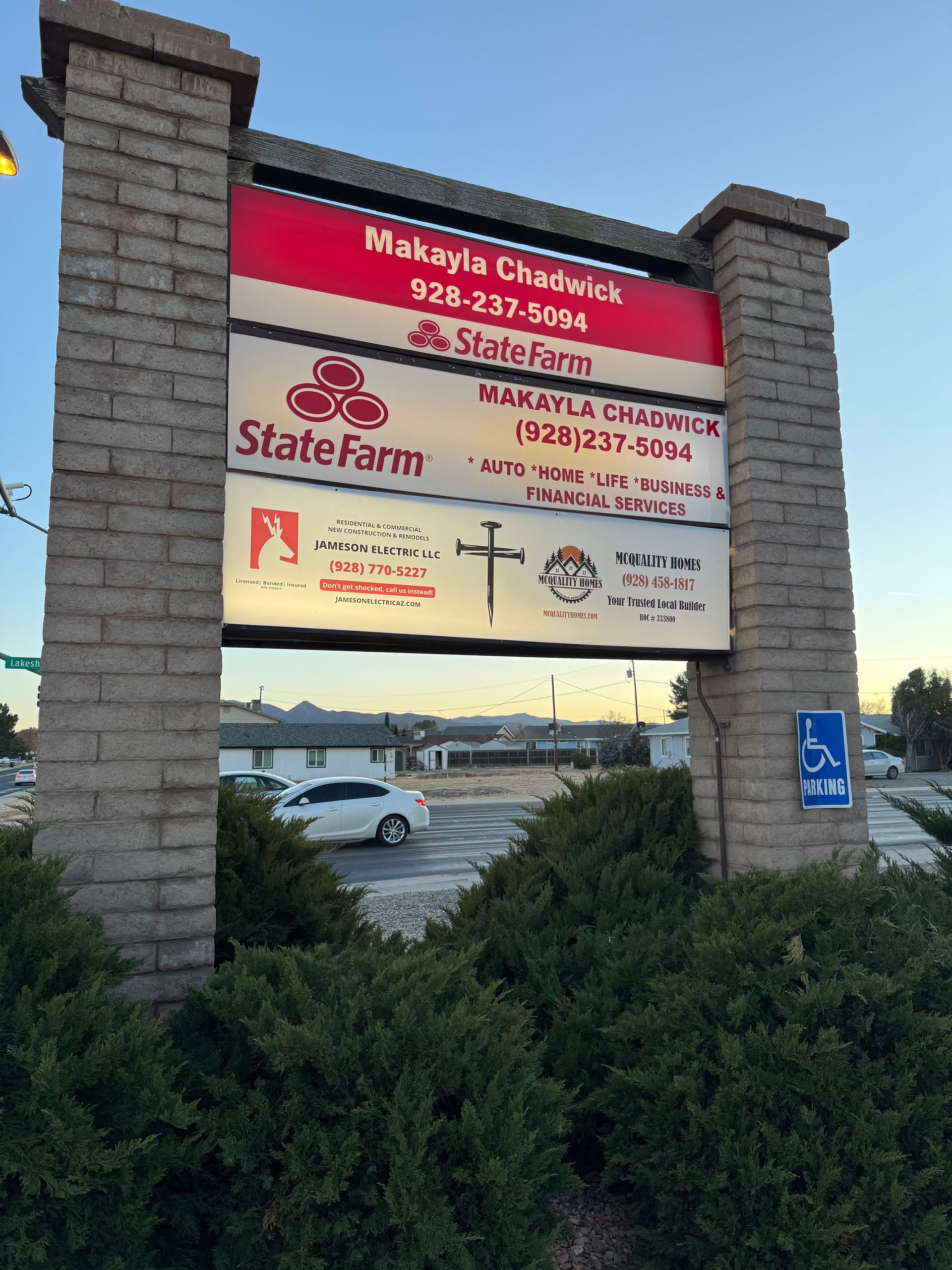Sign for Makayla Chadwick, State Farm agent. Includes address, logos, and other business names.