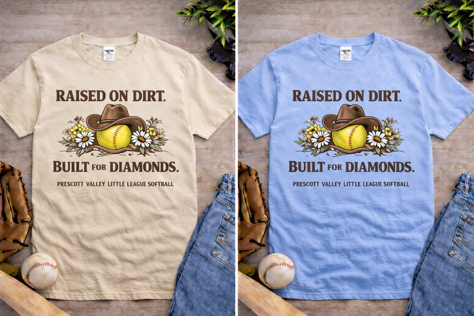 Raised on Dirt, Built for Diamonds T-shirts - sand and Carolina blue