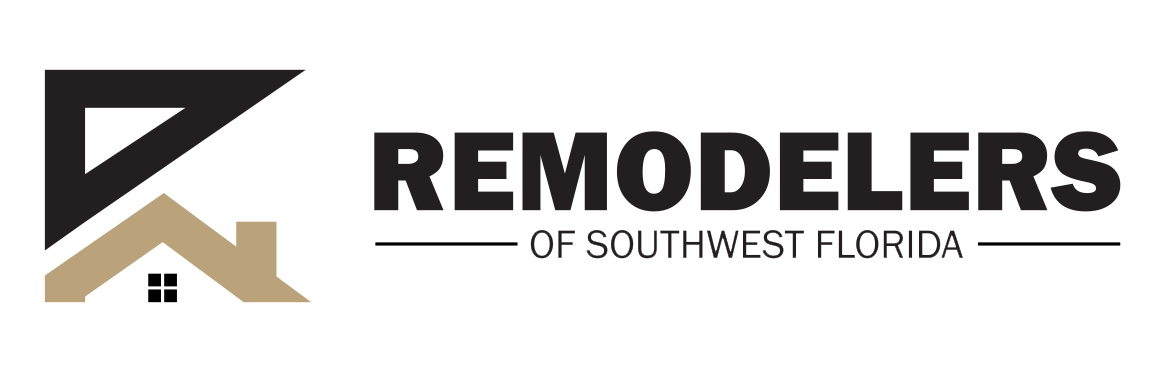 Logo for Remodelers of Southwest Florida: abstract design with a house silhouette. Black and gold.