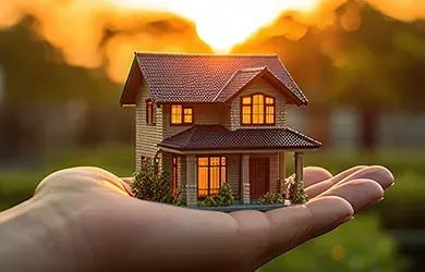 Hand holding a small illuminated house model at sunset