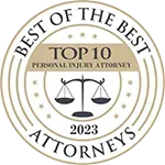 Best of the Best Top 10 Personal Injury Attorney 2023 gold seal badge with scales of justice