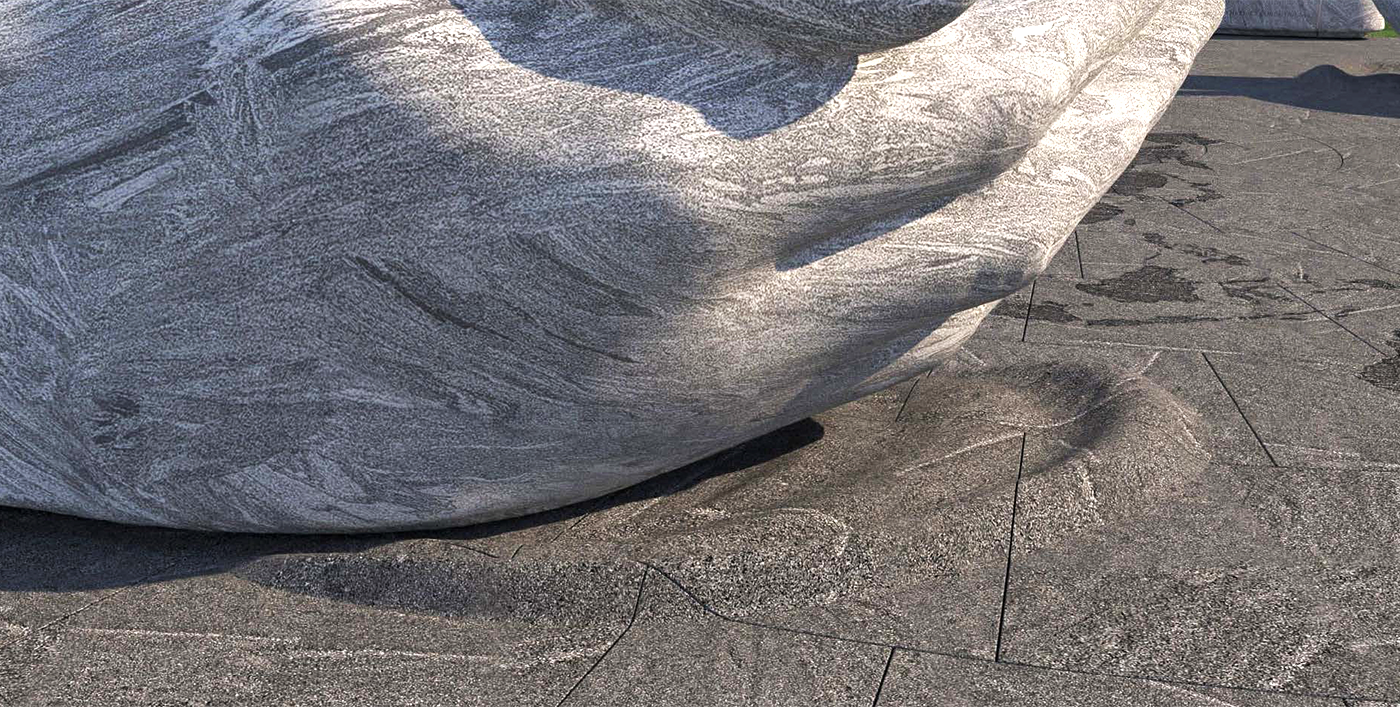 A close-up rendering shows a view of the ripple design under the benches to aid visually impaired visitors using canes.