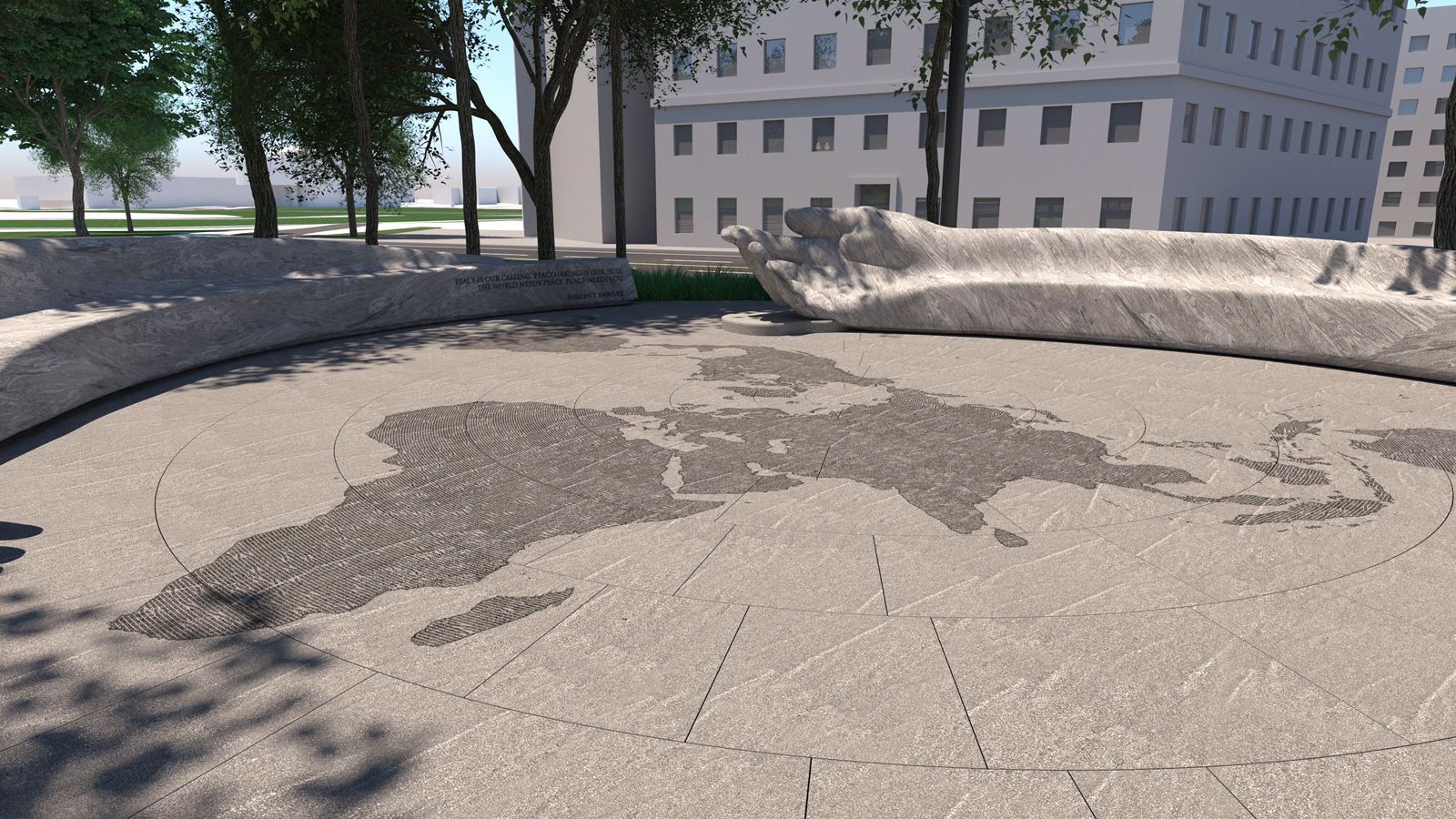 A digital rendering of the central map at Peace Corps Park