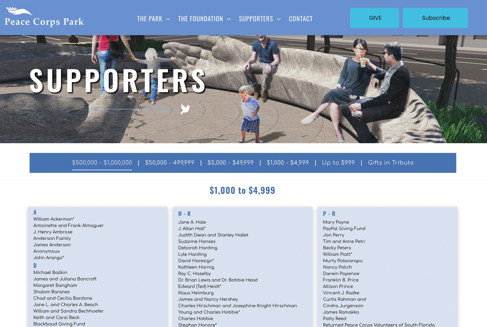 An image of the Supporters page of the Peace Corps Park website
