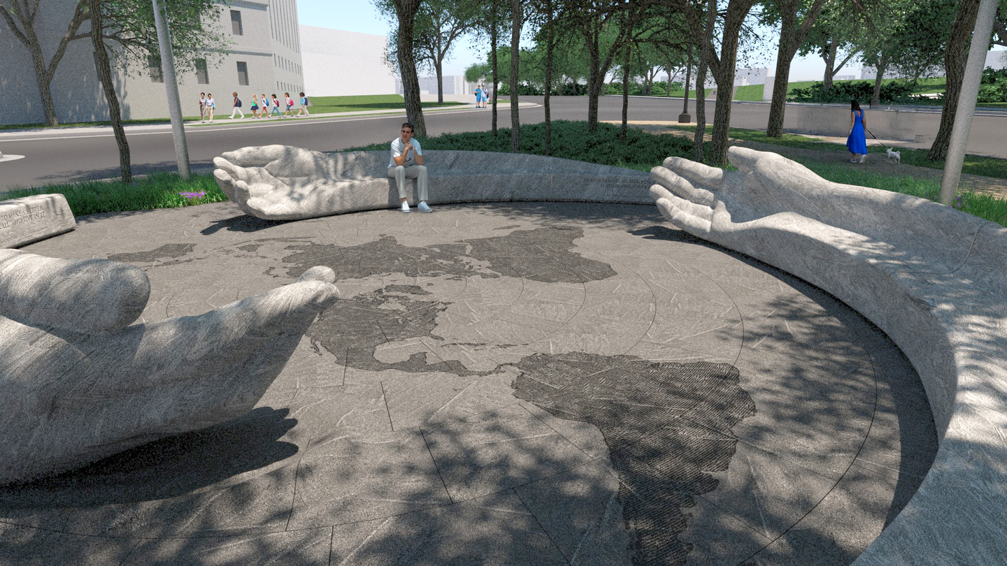 A digital rendering of Peace Corps Park in Washington, D.C. with the outline of the U.S. Capitol in the background