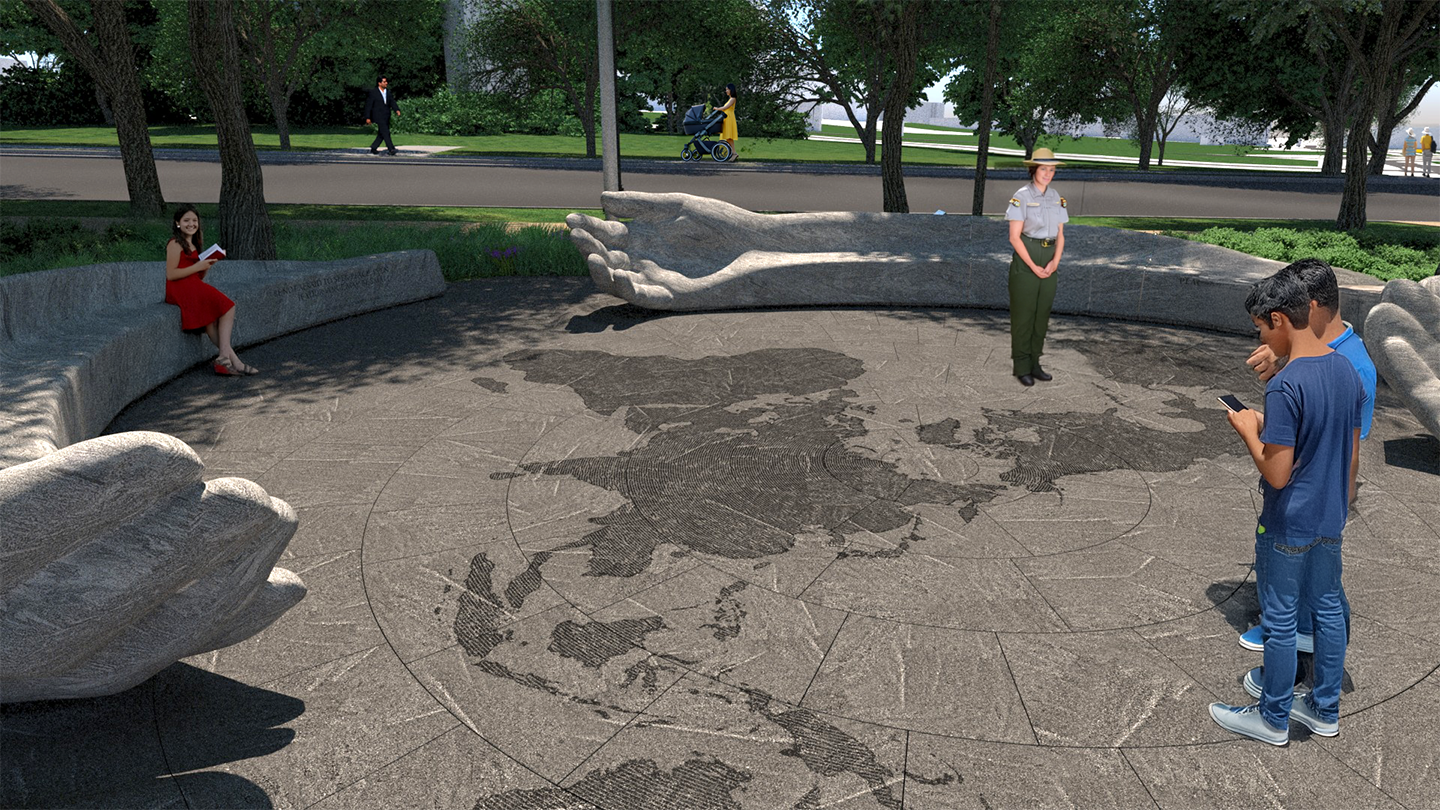 An updated rendering of Peace Corps Park showing a National Park Service ranger and members of the public enjoying the Park