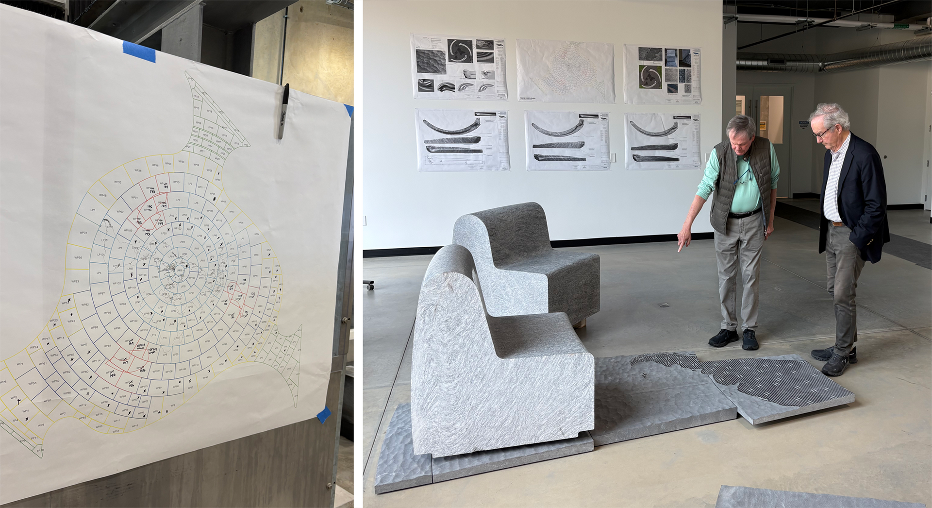 A composite image shows a paper blueprint of the arrangement of pavers making up the world map at Peace Corps Park on the left, with an image of Foundation President Tony Barclay and lead designer Larry Kirkland pointing at samples of the pavers at Quarra Stone Co.