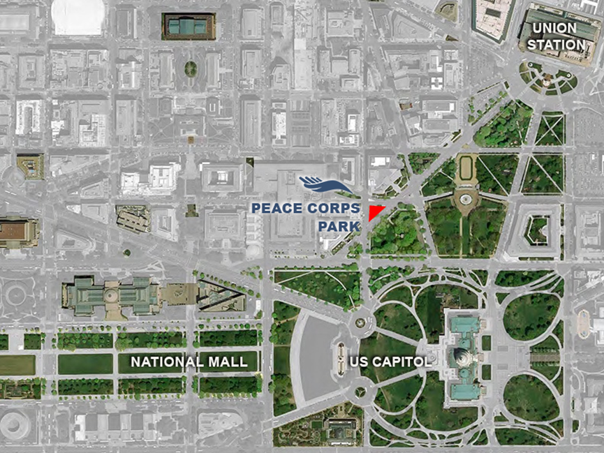 An overhead view of a map of the National Mall with the future site of Peace Corps Park identified.