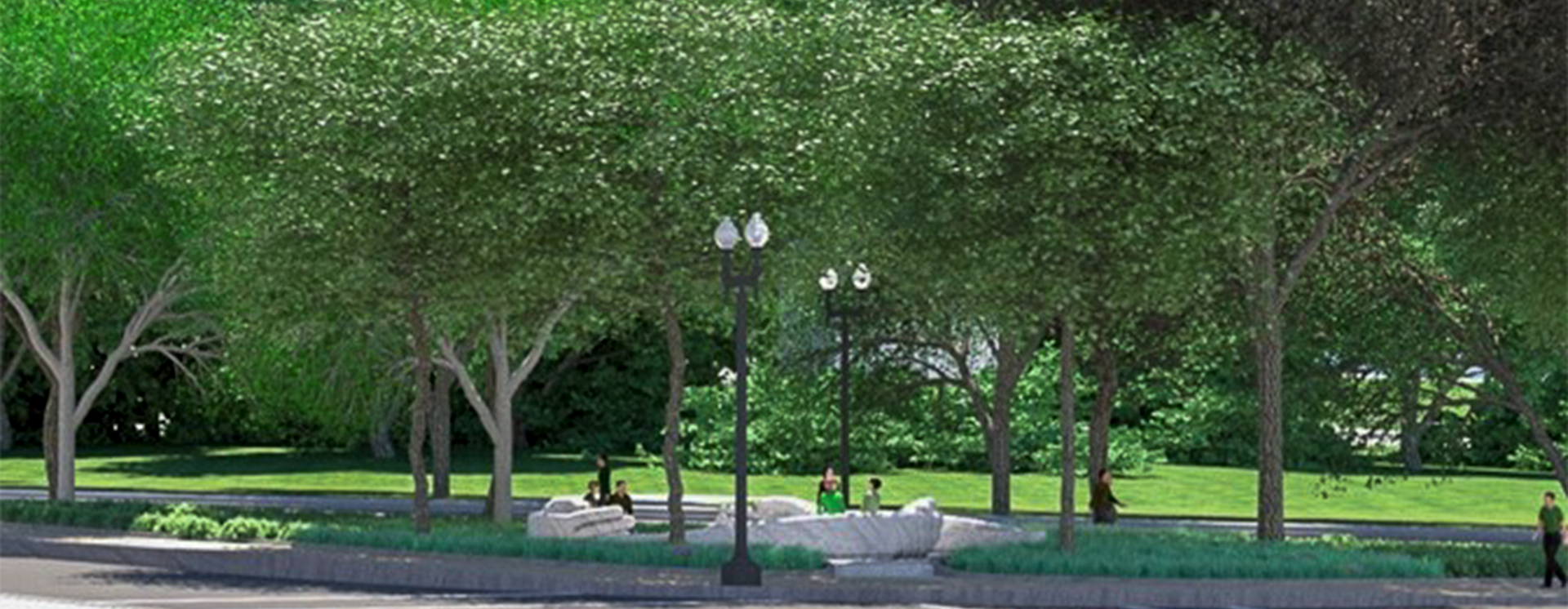 A rendering of Peace Corps Park showing the landscaping of the site