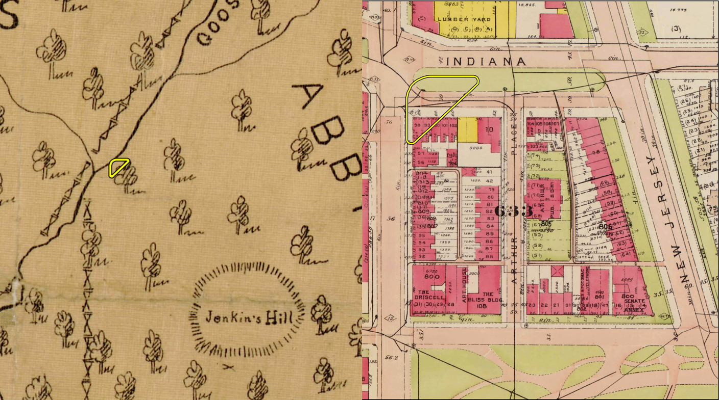 A composite image of two period maps. Left: A 1792 map of D.C. shows Tiber creek and forested land on the Peace Corps Park site. Right: A 1919 map shows the site with more development and underground sewage lines.