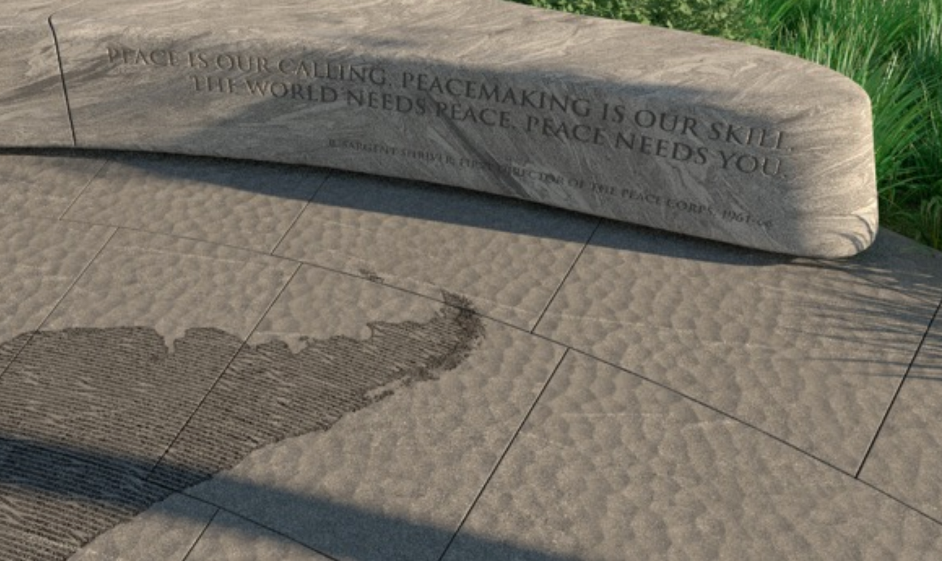 A close-up rendering shows a view of the textured pavers used to indicate the world's oceans.