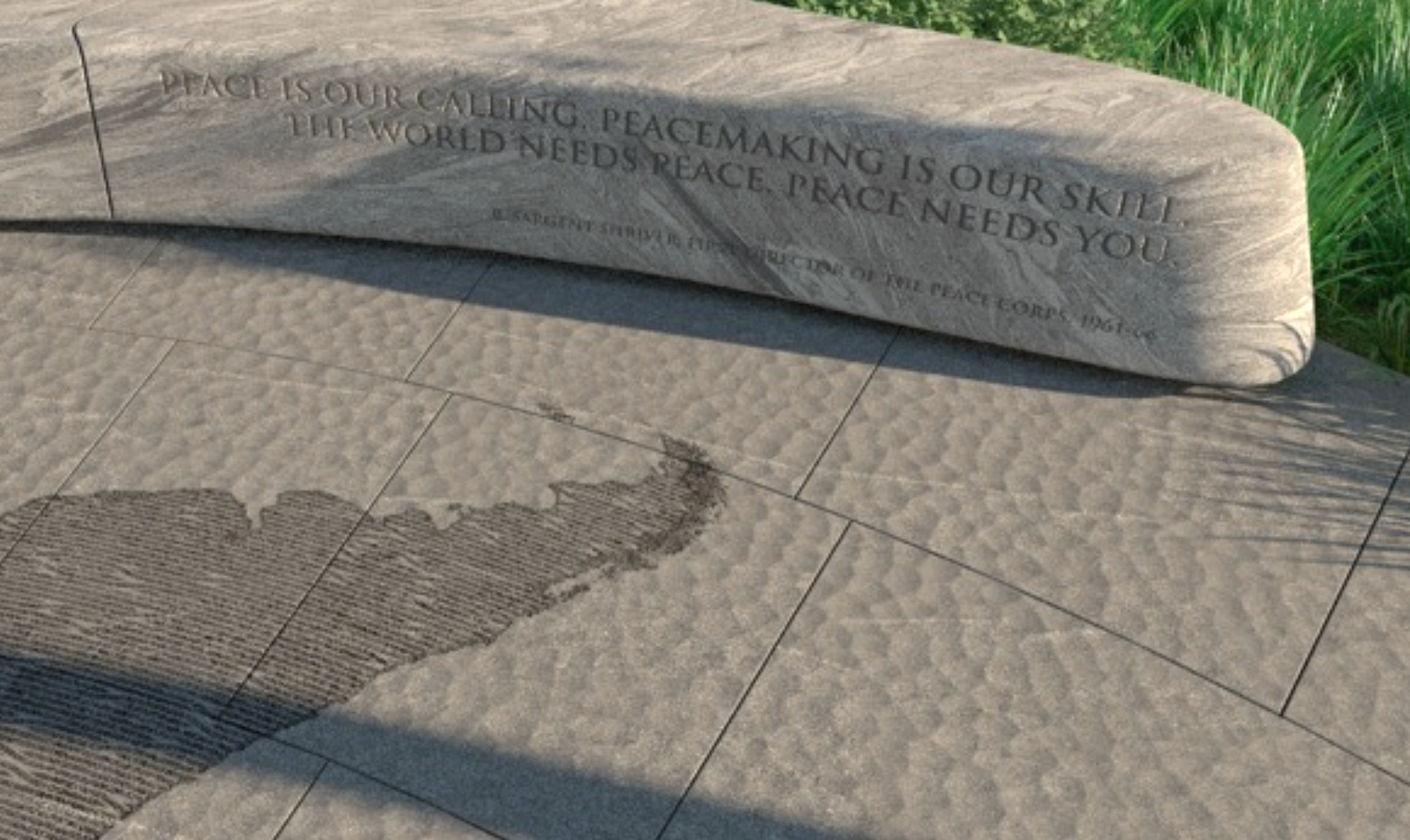 A close-up rendering shows a view of the textured pavers used to indicate the world's oceans.