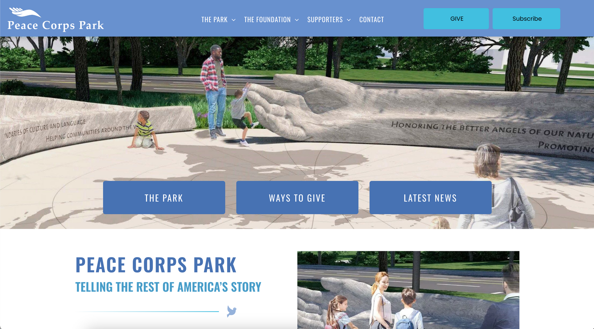A screenshot of the new Peace Corps Park website at peacecorpscommemorative.org