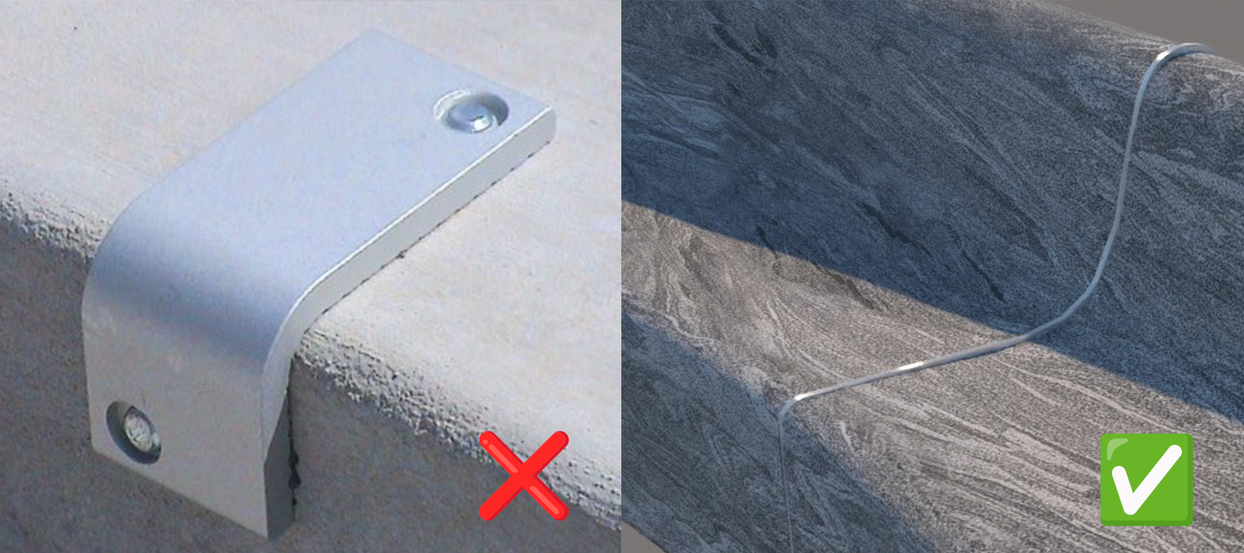 A side-by-side image shows a photo on the left of the traditional metal stopper used to deter skateboarders and on the right an image of the planned solution for Peace Corps Park