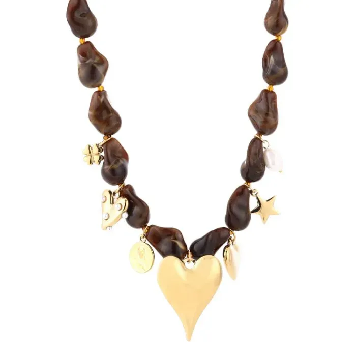 Bedelketting bruine kralen hart