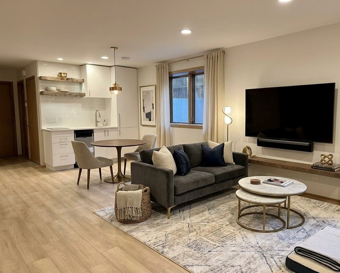 Cozy sunroom with a gray couch, wall-mounted TV, plant, woven basket, and wood-paneled walls
