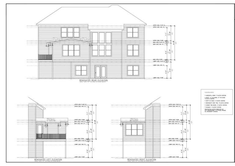 Architectural elevation drawings of a two-story house with front and side views and dimensions