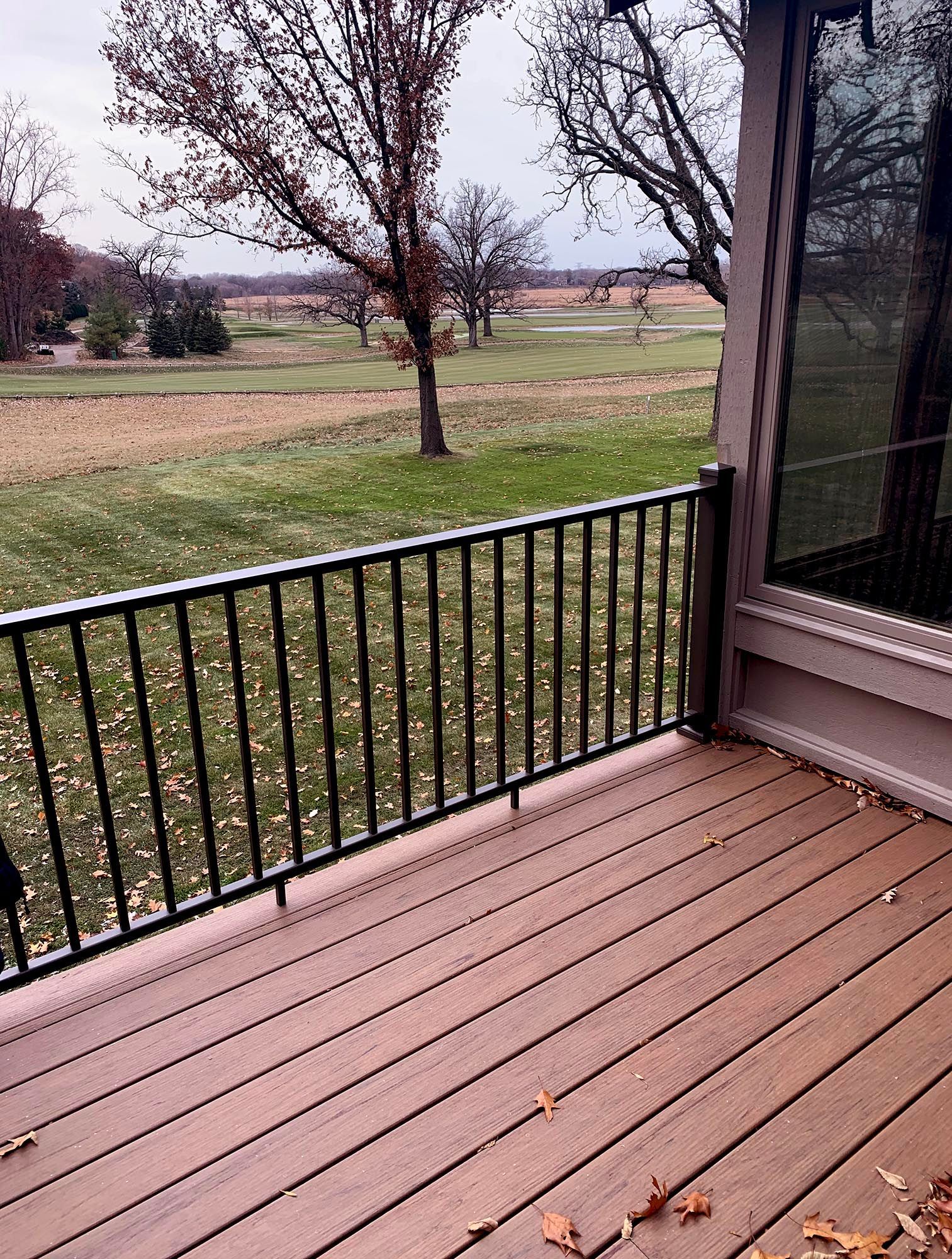 Wooden deck with black railing overlooking a grassy yard and leafless trees on an overcast day