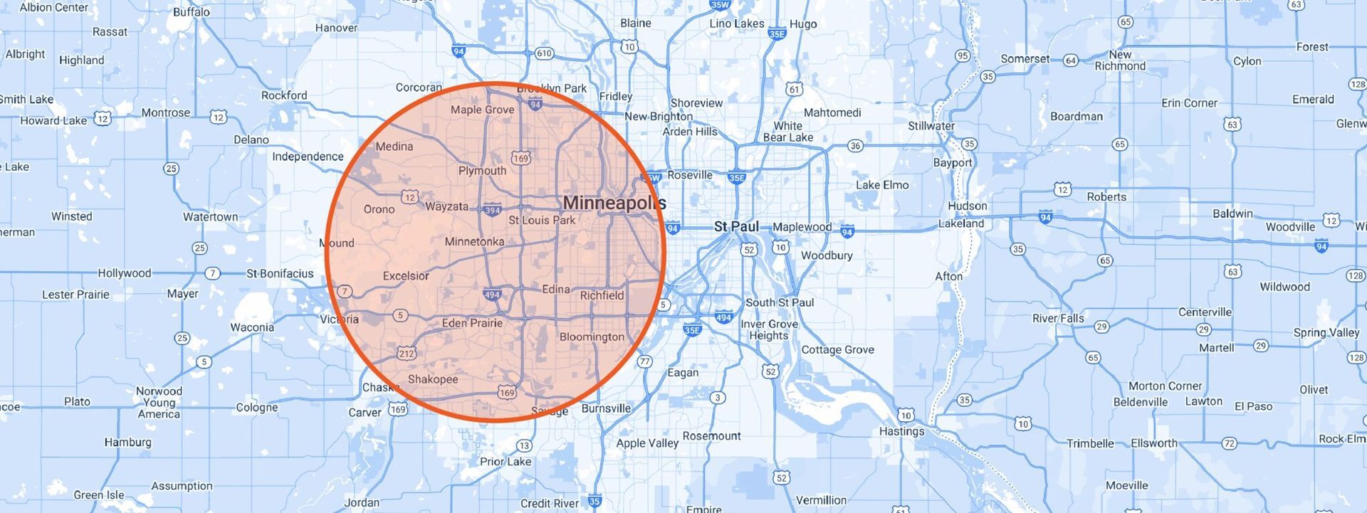 Map with a large red highlighted circle over a city area