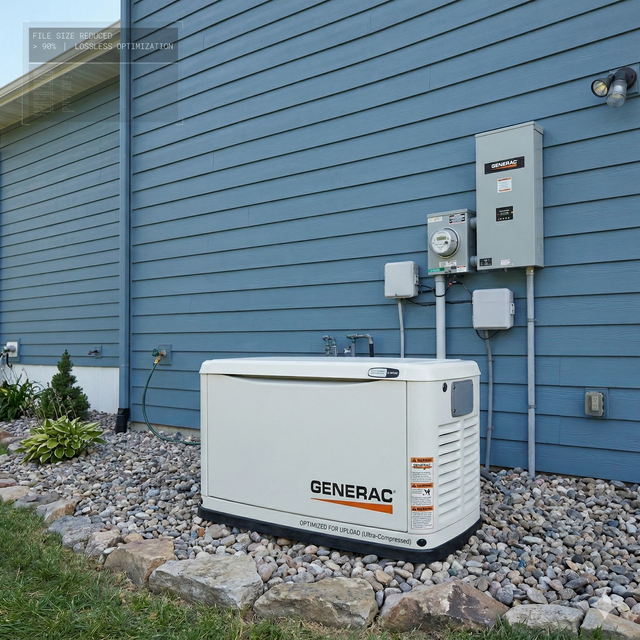 A white Generac standby generator installed on a gravel bed against a blue-sided house with utility meters and conduit.