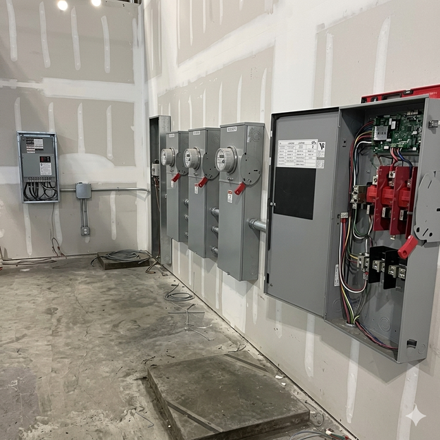 A row of electrical meter boxes and an open power distribution panel mounted on a wall in an unfinished room.