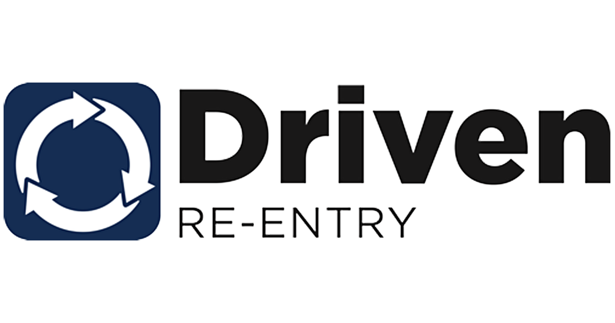 The logo for driven re-entry is a blue and black logo with arrows.