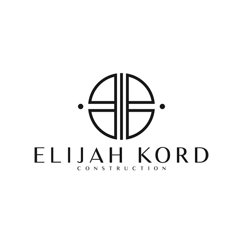A black and white logo for elijah kord construction.