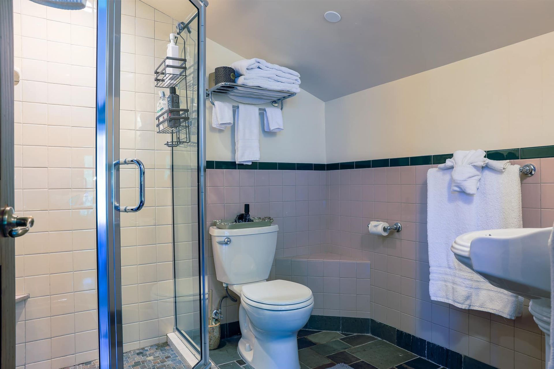A bathroom with a toilet , sink and shower.