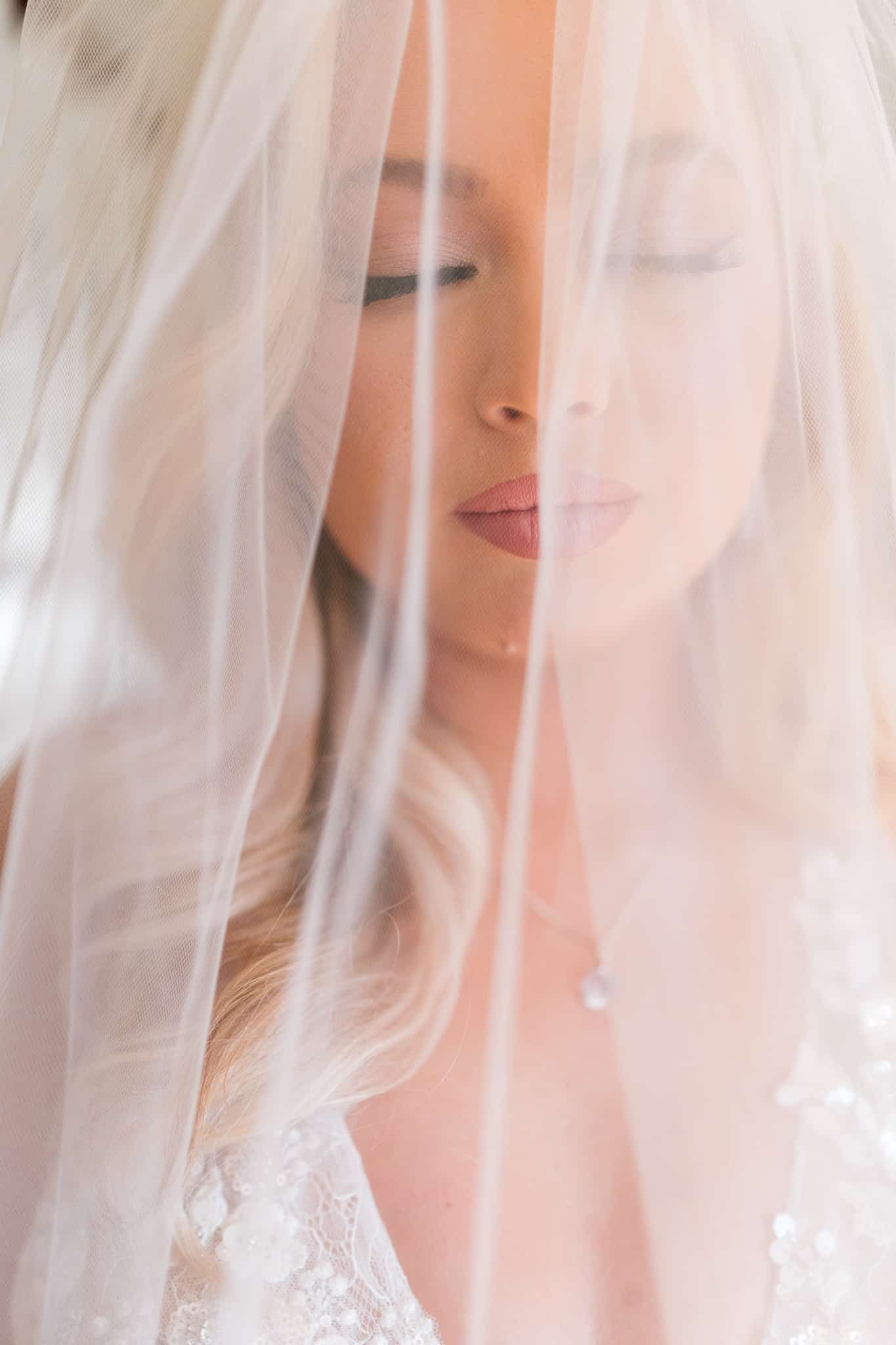 A close up of a woman wearing a veil with her eyes closed.