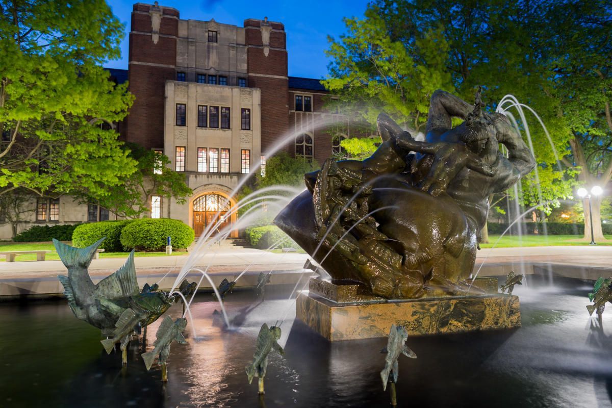 A fountain with a statue in front of a building at night.