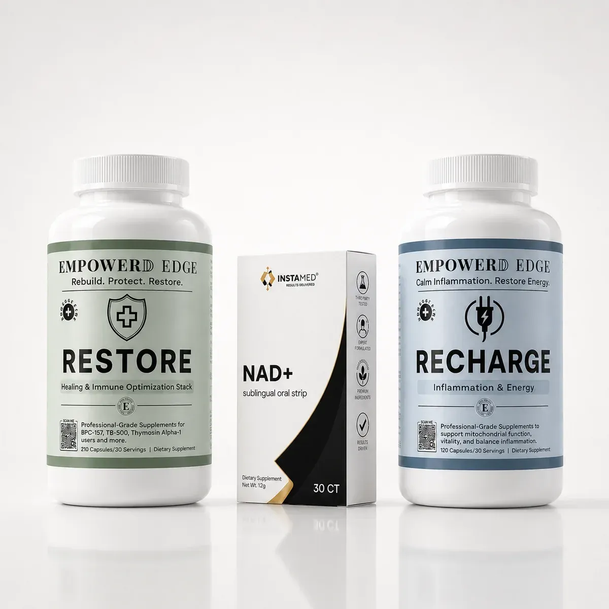 Three Thorne dietary supplement bottles in white, with orange and purple label accents