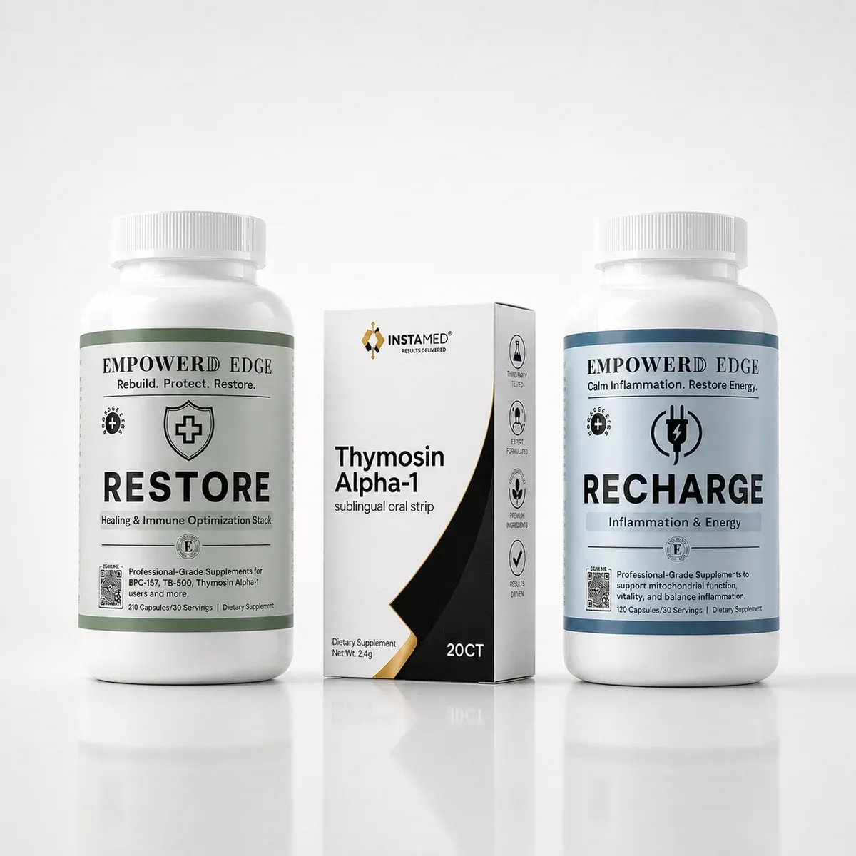 Thorne supplement bottles: creatine, amino complex, and beta alanine-SR on white background