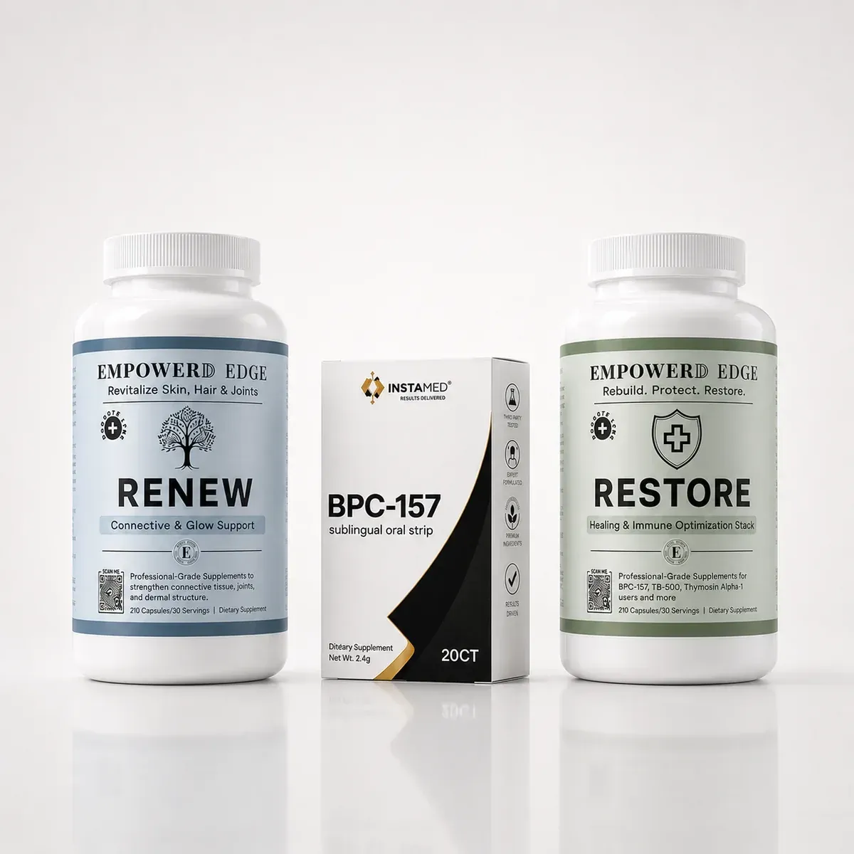 Three Thorne dietary supplement bottles: Stress B-Complex, Stress Balance, and PharmaGABA-250 with blue and purple labels