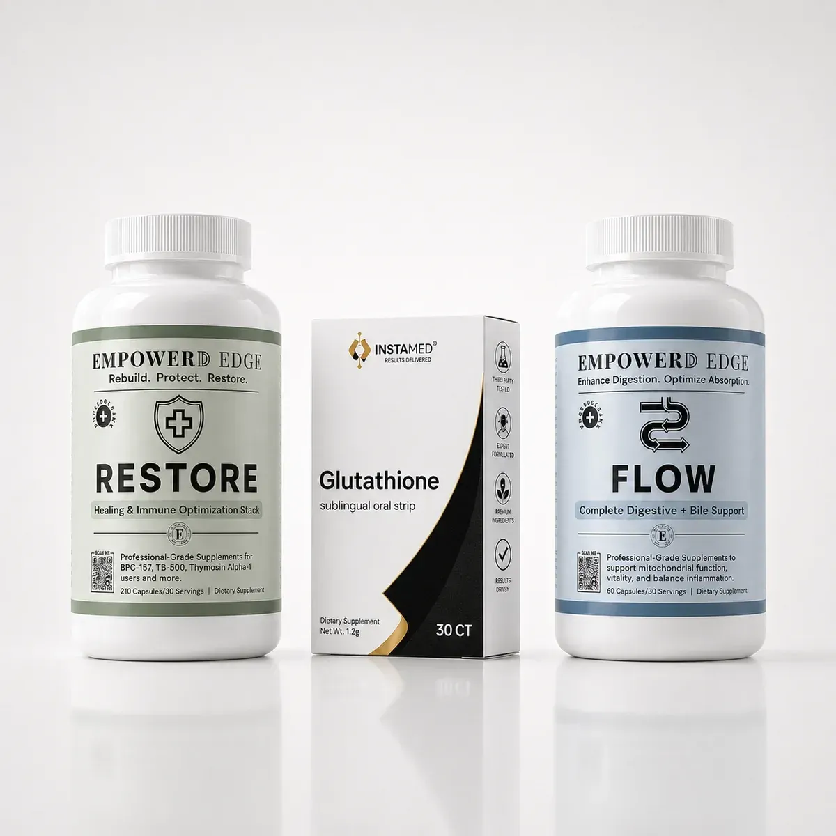 Three Thorne dietary supplement bottles with teal, purple, and orange abstract labels on white background