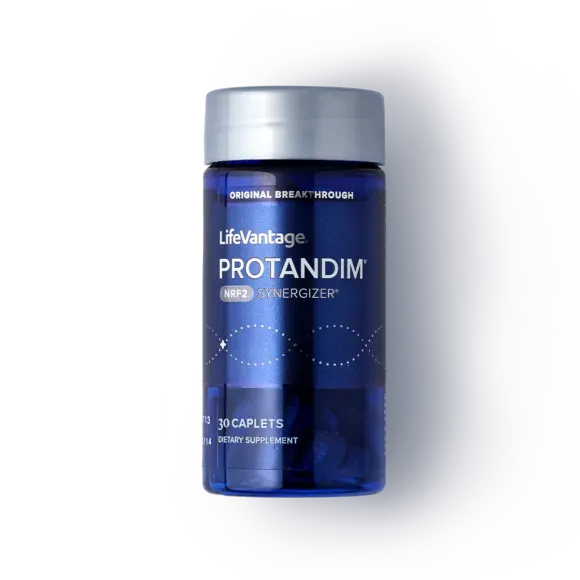 Blue bottle of LifeVantage Protandim supplement with silver cap on white background