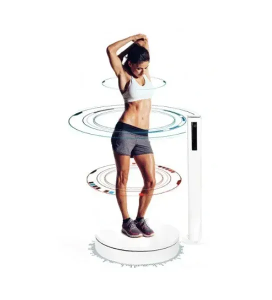 Woman exercising on a digital scale, surrounded by fitness tracking rings, wearing workout clothes.