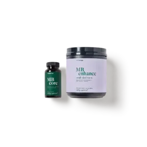Two MB products: a green bottle and a lavender jar on a white background