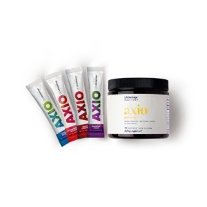 Axio skincare set: four colorful tubes and a black-lidded jar on a white background