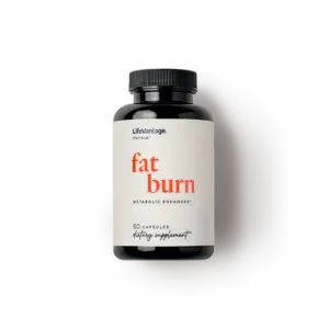Black supplement bottle labeled “fat burn” on a white background