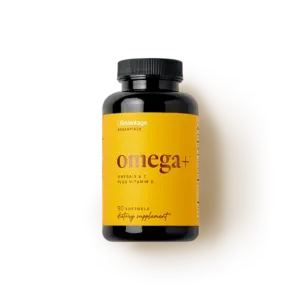 Black supplement bottle with yellow omega+ label on white background