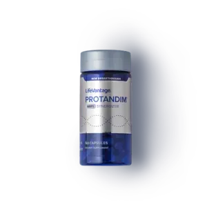 Blue LifeVantage Protandim supplement bottle on a white background